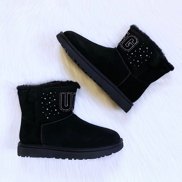 UGG Women’s Classic UGG Gem Mini Black Suede Boots - Picture 2 of 10